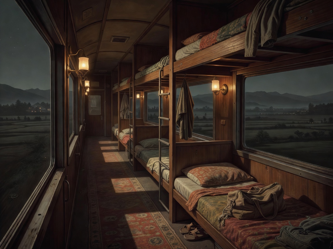 Illustration of an overnight sleeper train carriage with bunks, used for long-distance travel across Asia