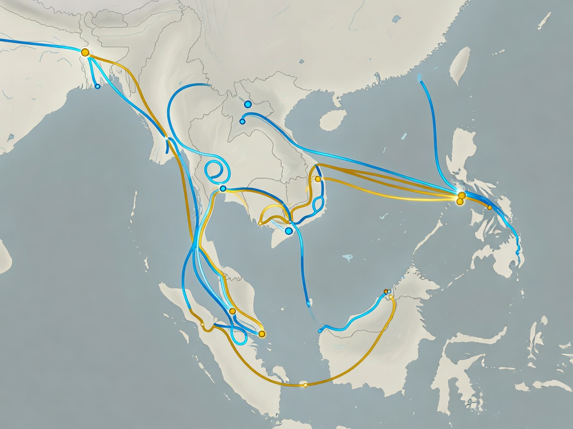 Stylised map overlay showing looped and point-to-point travel routes connecting cities across Southeast and South Asia