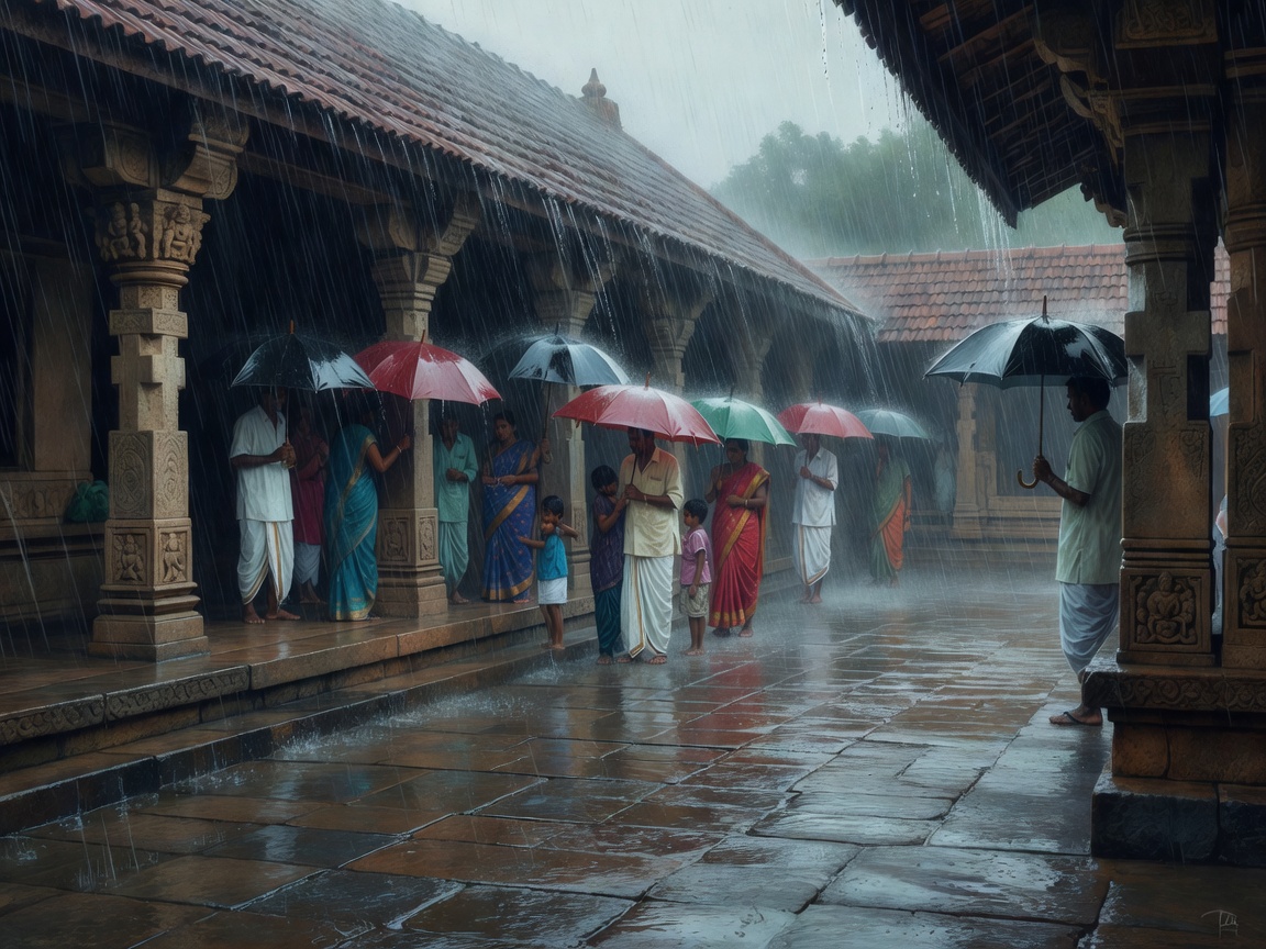 Illustration of a temple courtyard during heavy rain with visitors sheltering under umbrellas beneath a covered walkway