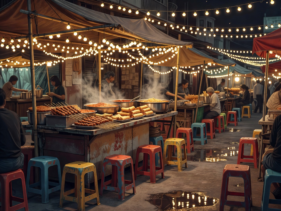 Illustration of a night market food stall lit with string lights and lined with plastic stools