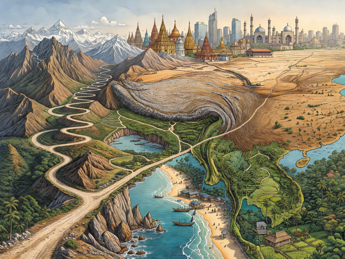 Illustration of a long-distance overland route winding across mountains, coastline and city skylines representative of Southeast, South and Central Asia