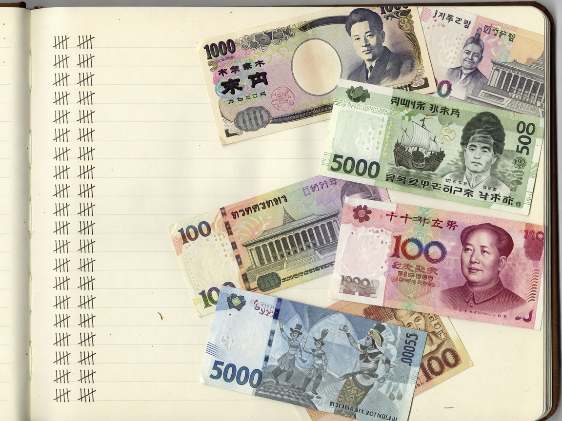 Illustration of a travel notebook page with a running tally beside a mix of Asian currency notes